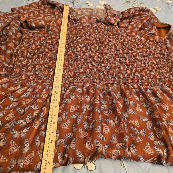 Ivy City Co Plus Sz 4X Butterfly Smocked Sundress Puff Sleeve Brown Cottagecore - Picture 10 of 11